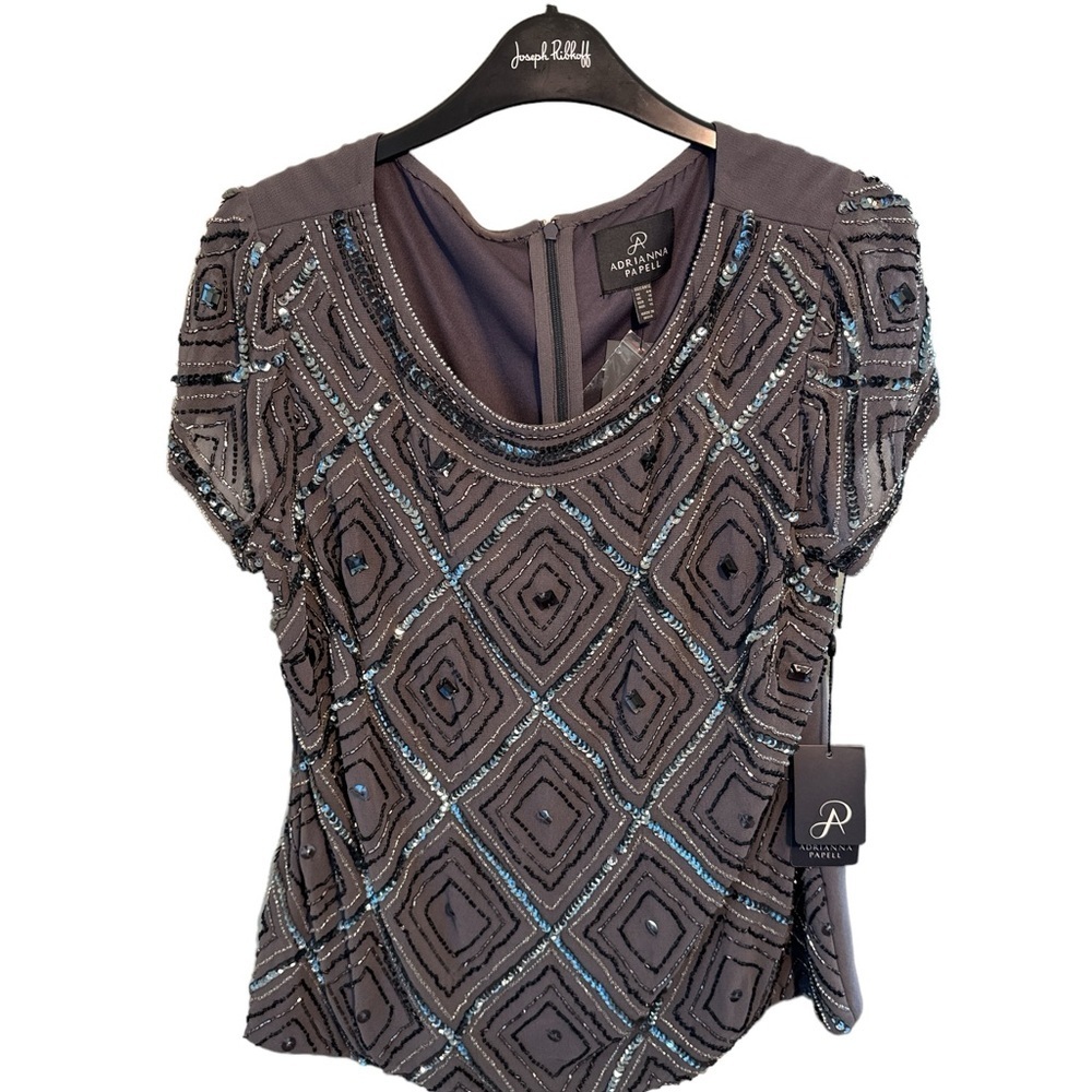 Adrianna Papell Women's Sequined Scoop Neck Top - Charcoal